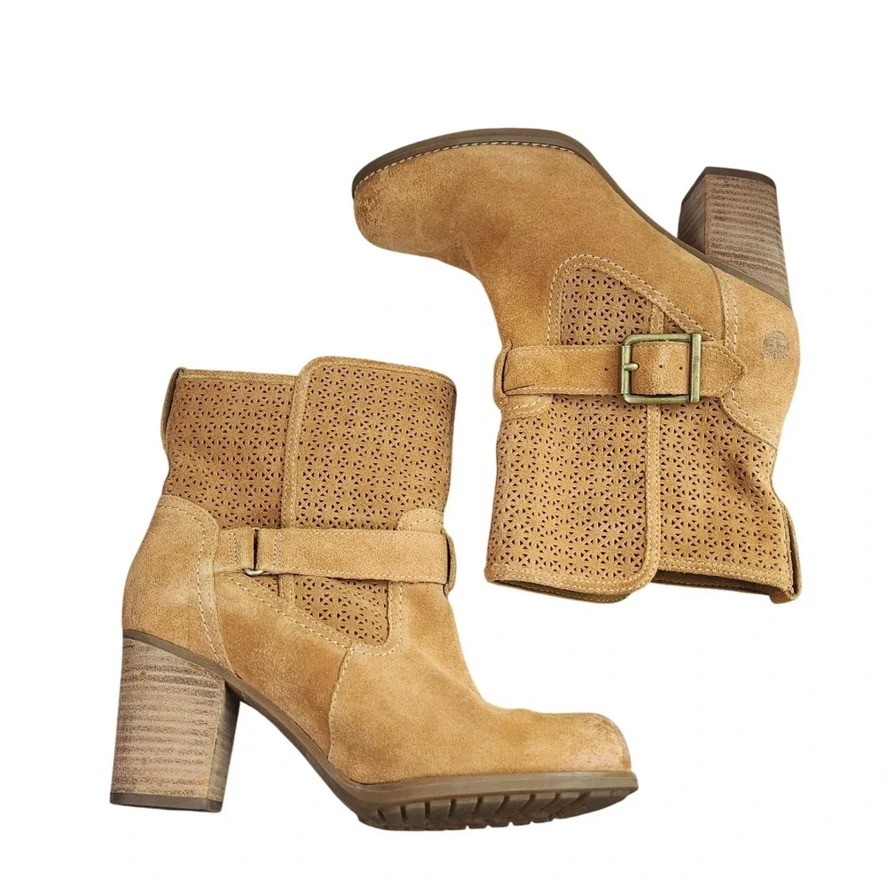 Timberland Suede Laser‎ Cut Buckle Ankle Boots Women's US 7.5 Tan Block Heel